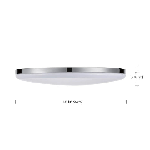 Side view of Ultra Slim 14 Inch LED Flush Mount Ceiling Light In Chrome With Frosted Shade, showing 2-inch depth and 14-inch diameter.