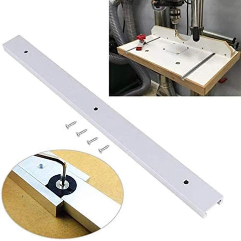 Top Shelf Aluminum Miter T Slot Tracks With Pre Drilled Mounting Holes 4 Pack 48 Inch Bars shown on workbench with screws.