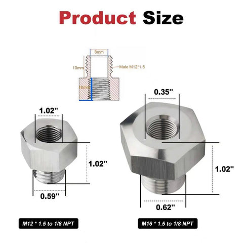 Stainless Steel GM LS Engine Sensor Adapter Kit M16x1.5 To 1/8 NPT And M12x1.5 To 1/8 NPT product size dimensions