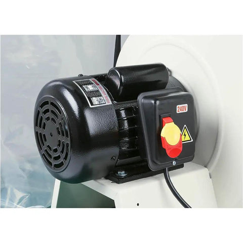 Heavy Duty 2 HP Dust Collector With Balanced Cast Aluminum Impeller And Dual Four Inch Inlets For Workshops motor close-up with starter switch.