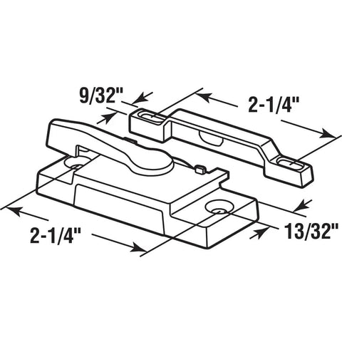 Diagram of Durable Diecast Sash Lock 2744 White Finish Single Unit For Wood Or Vinyl Windows with dimensions included.