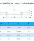 Five Pack Workhorse Stainless Steel 316 Marine Eye Eye Turnbuckle Rigging Screw, 3/8 inch, diagram with dimensions.