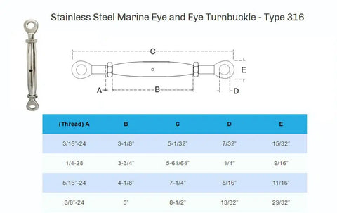Five Pack Workhorse Stainless Steel 316 Marine Eye Eye Turnbuckle Rigging Screw, 3/8 inch, diagram with dimensions.