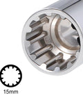 Close-up of One Half Inch Drive E15 Universal Spline Socket Shallow 12 Point Chrome Vanadium Steel with knurled grip and detent lock.