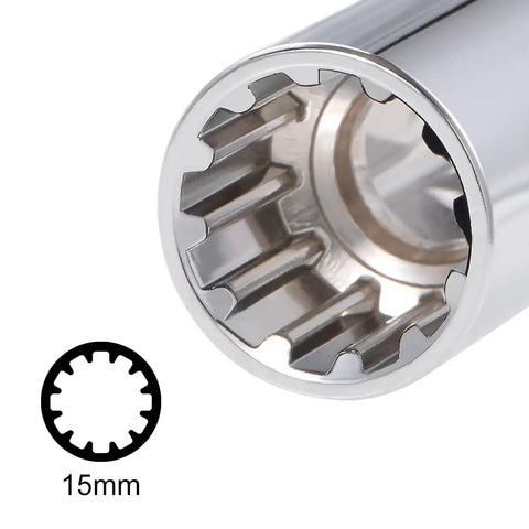 Close-up of One Half Inch Drive E15 Universal Spline Socket Shallow 12 Point Chrome Vanadium Steel with knurled grip and detent lock.