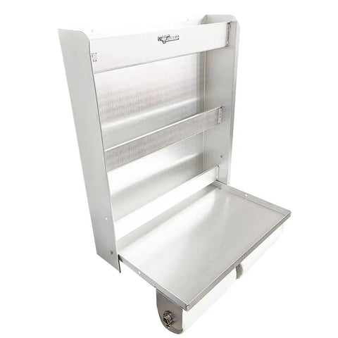 Aluminum Trailer Door Cabinet Organizer With Flip Out Work Tray, 25 x 6 x 30 Inches for aerosols, oils, and tools storage.