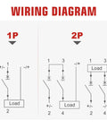Wiring diagram for 1P and 2P load setup showing connections for DC Circuit Breaker 12 To 110V DC 16A 1 Pole in solar systems