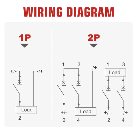 Wiring diagram for 1P and 2P load setup showing connections for DC Circuit Breaker 12 To 110V DC 16A 1 Pole in solar systems