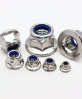 Durable M8x1.25 Flange Nylon Lock Nuts In 304 Stainless Steel, 15 Pack, assortment of hex locknuts on white background