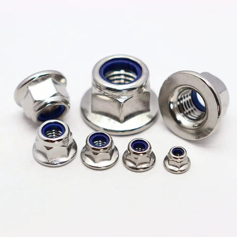 Durable M8x1.25 Flange Nylon Lock Nuts In 304 Stainless Steel, 15 Pack, assortment of hex locknuts on white background