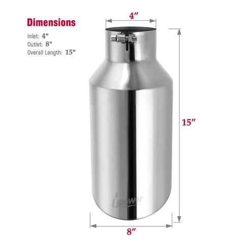 4 Inch Inlet To 8 Inch Outlet Stainless Steel Exhaust Tip 15 Inch Bolt On Tail Pipe With 45 Degree Angled Cut Universal Fit For Car And Truck Mirror Polish Finish Durable Muffler Tip with dimensions