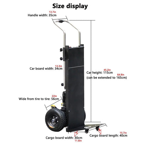 Heavy Duty Electric Hand Truck For Stairs Climbing Cart With Brushless Motor And 400Kg Load Capacity dimensions and size display.