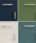 Multiple kitchen cabinets with 76.2mm Brushed Nickel Cup Pulls for cabinets and drawers classic farmhouse kitchen cabinet handles.