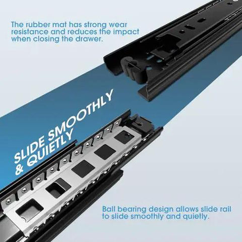 Rock Solid Eight Inch Full Extension Drawer Slides One Pair Side Mount Ball Bearing Rails showing rubber mat for smooth, quiet sliding.