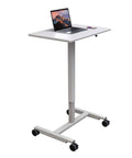 Hella Sturdy Height Adjustable Mobile Standing Desk With Smooth Glide Casters And Rustproof White Steel Top Portable Laptop Workstation And Rolling Podium For Home Office Space with a laptop on top.