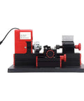 Red and black mini lathe machine for wood metal and plastic turning, featuring 24W motor, suitable for projects up to 20mm diameter.