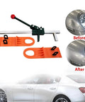 3 Piece Auto Body Repair Tool Kit with Pull Tab Manual Expander and Sheet Metal Puller for Pros, showing PVC coated plate and repair results