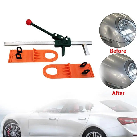 3 Piece Auto Body Repair Tool Kit with Pull Tab Manual Expander and Sheet Metal Puller for Pros, showing PVC coated plate and repair results