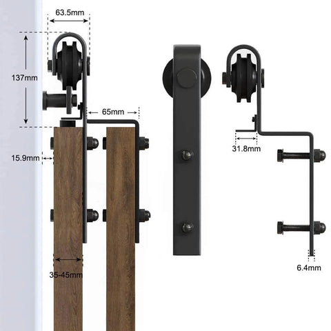 8Ft Bypass Sliding Barn Door Hardware Kit For Low Ceiling And Double Doors, Heavy Duty Carbon Steel Track System With Quiet Smooth Rolling Rollers, Overlapping Tracks, Supports Up To 200 Lbs, Corrosion Resistant side view with detailed measurements