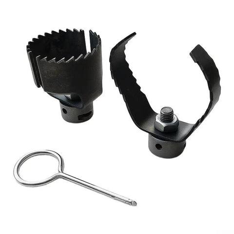 Heavy Duty Two Piece Drain Auger Attachment Set For Sink And Tub Clogs Featuring Thickened Steel Cutters And Ring Wrench in black.