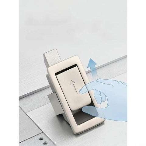 304 Stainless Steel Flat Push Button Lock for electrical cabinets, spring-loaded latch, brushed finish, shown in use with one hand operation.