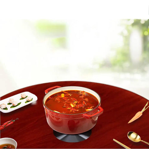 Heavy Duty Rotating Turntable Lazy Susan for Kitchen Tabletop with a red pot and side dishes on a wooden serving tray.