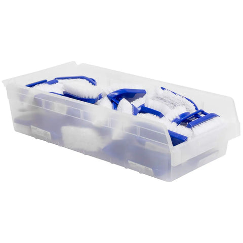 Clear Plastic Nesting Storage Bins Case Of 6 Durable Industrial Grade Pantry Organizer For Home Garage Not Stackable Easy Access 24 By 11 By 6 Inches filled with blue and white brushes