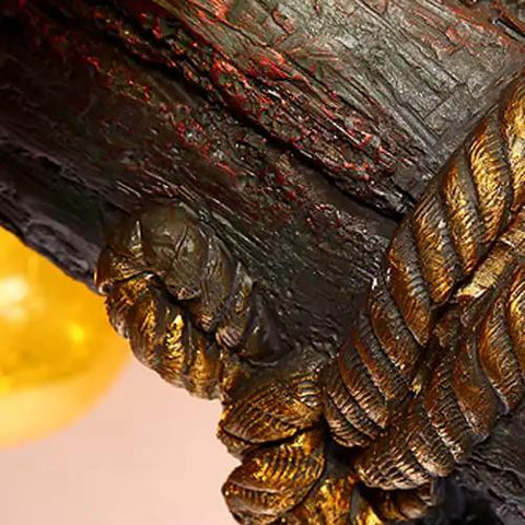 Close-up of Rustic 6 Light Wooden Glass Barn Chandelier Hanging Ceiling Lamp Fixture Vintage Industrial Bar Pub Restaurant Decor with detailed rope accents.