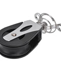 Beefy Nylon Swivel Sheave Block Pulley For Marine Rigging And Fitness Gear, 316 stainless steel with black nylon wheel close-up view