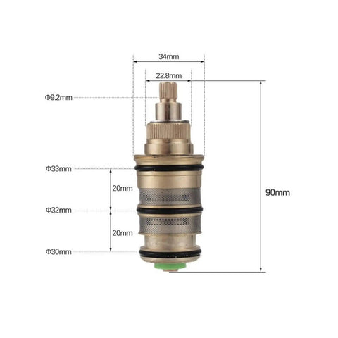 Premium Shower Thermostatic Valve Core Mixer Insert With Splined Shaft For Metal Faucet Restoration dimensions and features shown.
