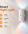 Motion Sensor Night Light With USB C Rechargeable RGB Wall Light For Hallways And Stairs Auto On In Darkness shown with features