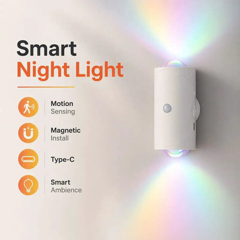 Motion Sensor Night Light With USB C Rechargeable RGB Wall Light For Hallways And Stairs Auto On In Darkness shown with features