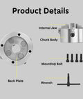 Premium 4 Inch Independent Four Jaw Lathe Chuck Featuring Reversible Steel Jaws with internal jaw and mounting bolts shown.