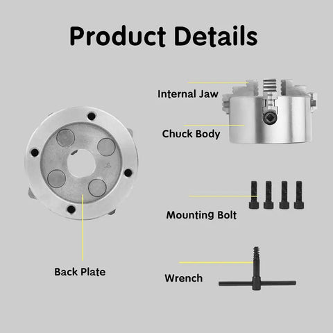 Premium 4 Inch Independent Four Jaw Lathe Chuck Featuring Reversible Steel Jaws with internal jaw and mounting bolts shown.