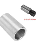 Two-piece stainless steel B12 to B16 drill chuck sleeve set; precision machined tool accessory.