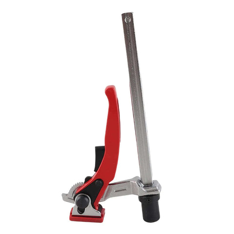 Ratcheting Table Clamp For Woodworking, 20mm Dog Hole Bench Dog Clamp, Self Aligning Cr V Alloy Steel with red handle, side view