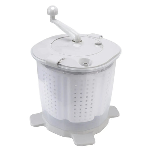 Portable Manual Washing Machine Hand Crank Spin Dryer For Travel Campground Amp Up Your Laundry Game With Detachable Basket Portable Washer That Slaps Off Moisture Fast - top view of white detachable basket with crank handle.