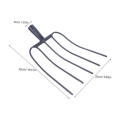 Five Pronged Iron Manure Fork For Farming And Gardening, Heavy Duty Rake For Quick Lawn Cleanup And Manure Removal, dimensions visible