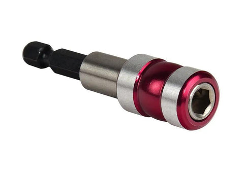 Close-up of a metal drill bit adapter from Master Bit Set 208-Piece Kit With Standard And Deep Bits, S2 Steel, Heavy Duty Pro Grade Bit Set.