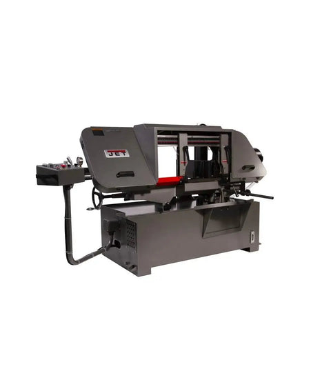 Heavy-Duty 12 X 20 Inch Semi-Auto Variable-Speed Mitering Bandsaw With 3 HP 230 460V Three-Phase Power Guarded Blade Auto Breakage Sensor Coolant Pump Self-Propelled Blade Brush Swing-Away Arm And Auto Bow Raise