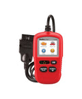 Red handheld AL329 OBDII Code Reader Scanner for Cars, with screen, cable, and buttons for reading emissions and retrieving vehicle codes.