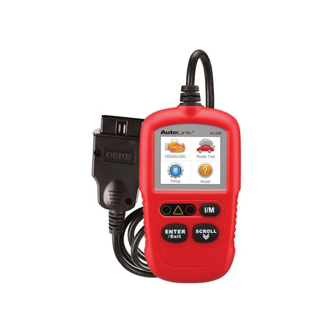 Red handheld AL329 OBDII Code Reader Scanner for Cars, with screen, cable, and buttons for reading emissions and retrieving vehicle codes.