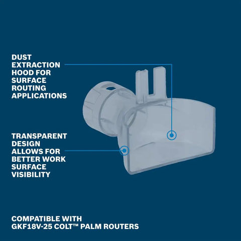 Edge Routing Dust Extraction Hood For Colt Palm Routers RA1132 Clear See Through Design On Blue Background