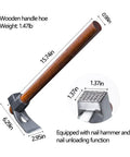 Multi Function Garden Hoe Tool With Long Wooden Handle for Weeding and Soil Loosening, detachable nails, hammer head close-up