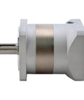 Heavy Hitter Right Angle Planetary Gearbox With Easy Swap Industrial Reduction Ratios Designed For 80 And 90 Millimeter Servo Motors Providing Ridiculously Smooth Rotation side view with stainless steel shaft.