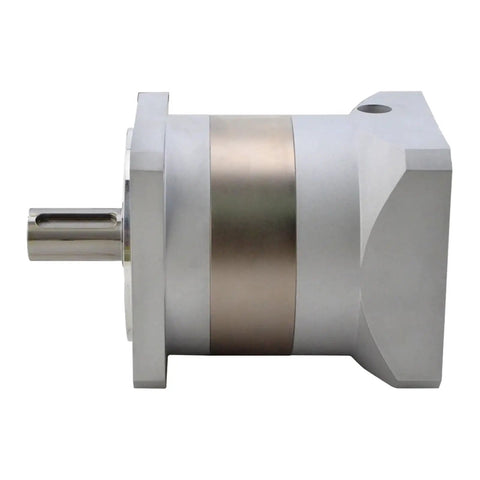 Heavy Hitter Right Angle Planetary Gearbox With Easy Swap Industrial Reduction Ratios Designed For 80 And 90 Millimeter Servo Motors Providing Ridiculously Smooth Rotation side view with stainless steel shaft.