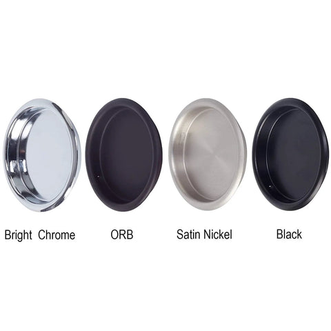 Four finishes of door pulls in bright chrome, ORB, satin nickel, and black for 4 Pack Closet Door Finger Pulls 2 1 8 Inch Black Round Insert Door Handle.