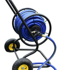 Portable Garden Hose Cart With Heavy Duty Wheels Side Crank Iron Pipe Roller For Yard Cleanup Foam Grip Arm Rest No Hassle Winding System.