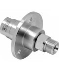 Heavy Duty DGF Rotary Swivel Union For High Pressure Cleaning And Industrial Use Built Tough G1 Three Eighths NPTF Mount, G2 And G3 Three Eighths Options, High Speed Triple Bearing System, Maintenance Free Design For Easy Install And Precise Control. Silver metal swivel union with threaded end and mounting flange