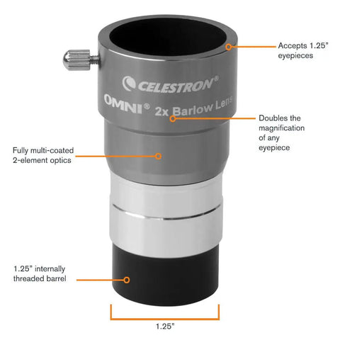 2X Barlow Lens For 1.25 Inch Telescope Eyepieces With Threaded Barrel Doubles Magnification While Keeping Eye Relief Fully Multi Coated Optics With Blackened Edges For Superior Light Transmission, 1.25in barrel